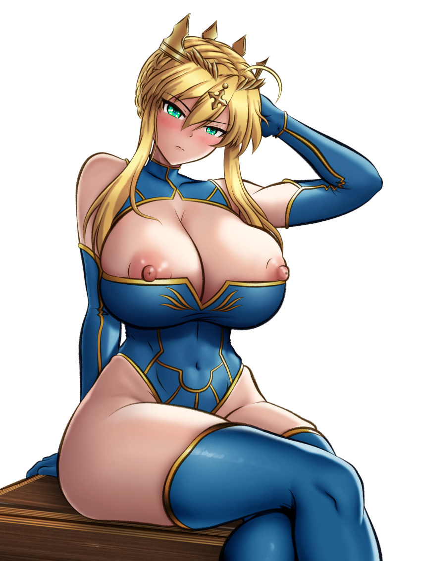 1girls areolae artoria_pendragon_(lancer) big_breasts big_thighs breasts busty cleavage fate_(series) female female_only huge_breasts huge_thighs large_breasts large_thighs ldukem69 leotard light-skinned_female light_skin looking_at_viewer nipples sitting solo solo_female thick_thighs thighs voluptuous white_background