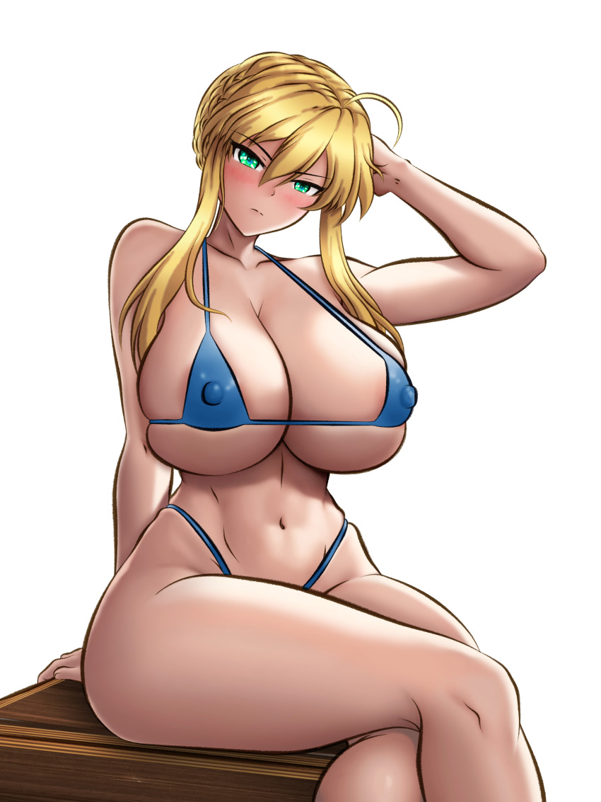 1girls areolae artoria_pendragon_(lancer) big_breasts big_thighs bikini breasts busty cleavage fate_(series) female female_only huge_breasts huge_thighs large_breasts large_thighs ldukem69 light-skinned_female light_skin looking_at_viewer micro_bikini navel nipple_bulge nipples sitting solo solo_female swimsuit thick_thighs thighs voluptuous white_background