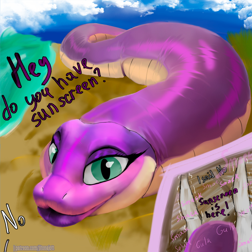 ambiguous_gender big_eyes big_lips blowjob cloud clouds duo female female/ambiguous feral green_eyes jitona_(jitonajott) jitonajott legs lips looking_at_viewer purple_body purple_skin reptile sand scalie sea shiny_skin sky snake sound_effects text