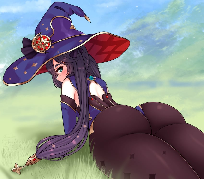 1girls 2022 ass ass_focus big_ass blue_eyes blush bubble_ass bubble_butt dat_ass female female_only genshin_impact grass hair hat headwear hoyoverse huge_ass large_ass leggings legwear leotard looking_back mona_(genshin_impact) on_stomach purple_hair ribbon solo solo_female the_only_shoe thick_thighs thighs twintails witch_hat