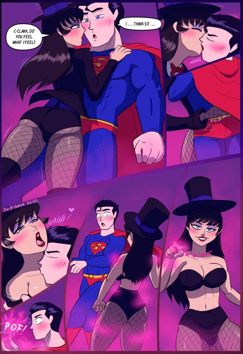 1boy 1girls bedroom_eyes black_hair blue_eyes blushing bra clark_kent comic dc dc_comics dialogue eyeshadow fishnets kissing kissing_neck kryptonian love_spell pantyhose smile sorceress superman superman_(series) surprised teeth teleportation the-arthman zatanna zatanna_zatara