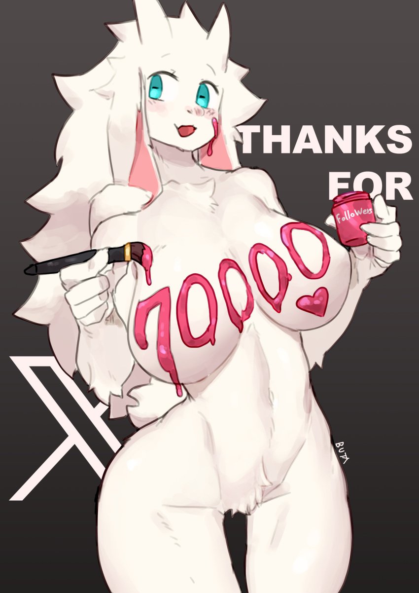 absurd_res anthro aqua_eyes big_breasts blue_eyes blush bovid breasts buta99 caprine english_text female floppy_ears follower_celebration goat hair hi_res horizontal_pupils horn humanoid looking_at_viewer mammal milestone_celebration paint painting smiling smiling_at_viewer solo tail text vanilla_(buta99) white_body writing_on_body writing_on_breasts