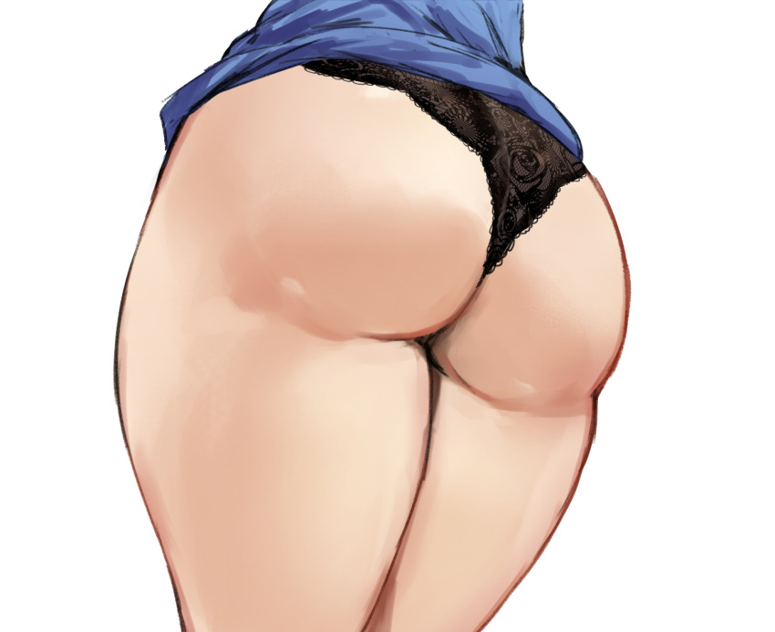 1girls ass ass_focus black_panties blue_sweater clothes_lift goddess_of_victory:_nikke hi_res lace-trimmed_panties mary_(nikke) panties pooor simple_background solo solo_female sweater sweater_dress thighs underwear voluptuous white_background