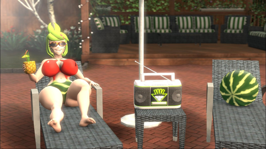 1girls 3d 3d_(artwork) alternate_version_available arkired barefoot beverage big_breasts breasts chair female female_only full_body green_hair holding holding_beverage melony_(smg4) open_mouth open_smile raminax78 relaxing sitting sitting_on_chair smg4 smile solo solo_female sunglasses swimsuit watermelon