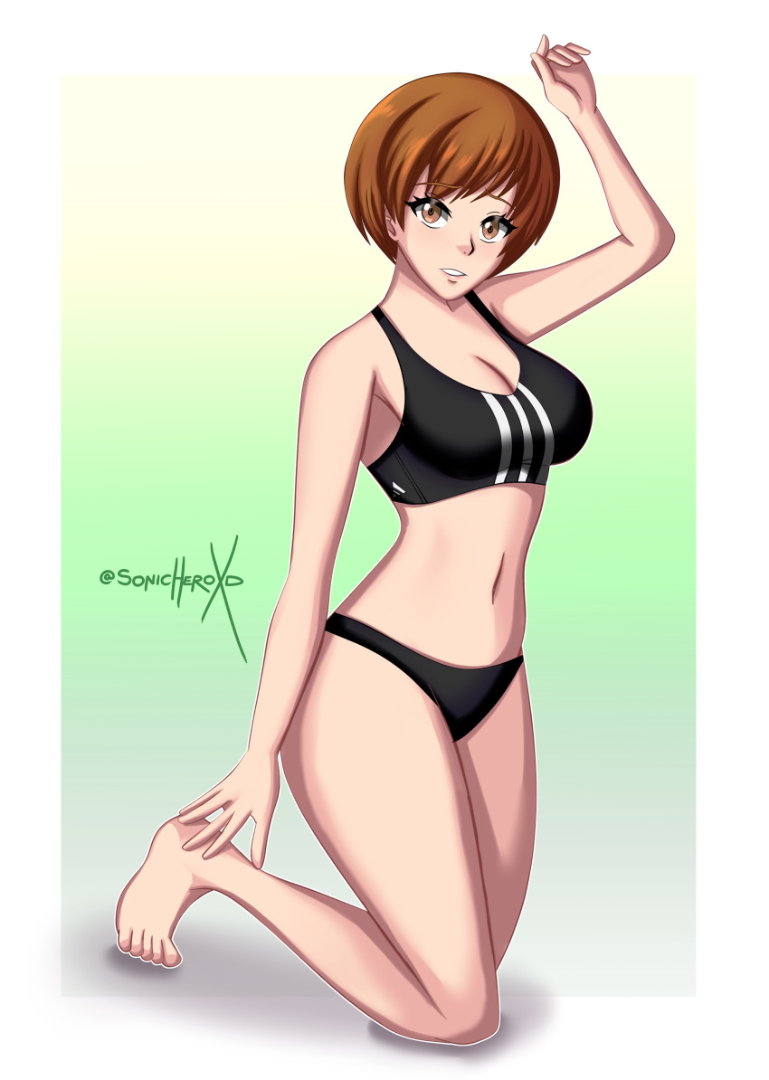 atlus breasts female female_only looking_at_viewer medium_support_(meme) meme persona persona_4 satonaka_chie short_hair solo sonicheroxd sports_bra sportswear