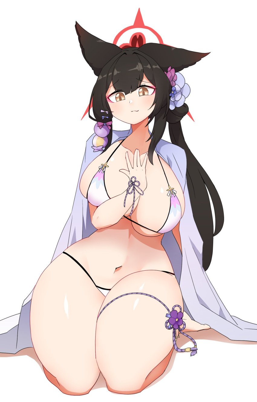 1female 1girls allied_hyakkiyako_academy_student belly belly_button big_breasts bikini bikini_bottom bikini_top black_hair blanket blue_archive breasts brown_eyes female fox_ears fox_girl hands legs legs_together light-skinned_female light_skin long_hair mannungei massive_breasts massive_thighs midriff sitting slim_waist stomach thick thick_thighs thighs thong wakamo_(blue_archive) wakamo_(swimsuit)_(blue_archive) white_background white_panties