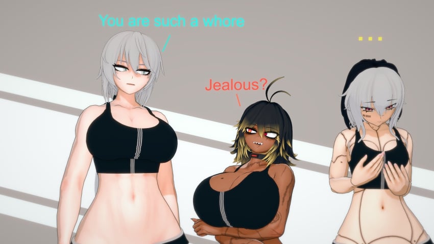 3d 3girls bare_midriff big_breasts black_hair blonde_hair blue_eyes breasts brown_eyes busty cleavage collar dark-skinned_female dark_skin female female_focus female_only grey_hair hourglass_figure kafka_(vlakace) large_breasts light-skinned_female light_skin medium_support_(meme) meme meme_attire oc original_character red_eyes reil_(vlakace) silver_hair small_breasts sports_bra sportswear two_tone_hair vlakace vlakace_(artist) wide_hips