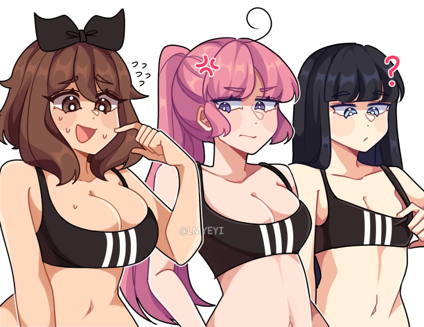 3girls athletic athletic_female bangs bare_midriff big_breasts black_hair blue_eyes breast_envy breasts brown_eyes brown_hair busty cleavage female female_focus female_only hourglass_figure lmyeyi long_hair medium_breasts medium_support_(meme) meme meme_attire multiple_girls navel oc original_character pink_hair ponytail purple_eyes short_hair small_breasts sports_bra sportswear sweat tagme wide_hips