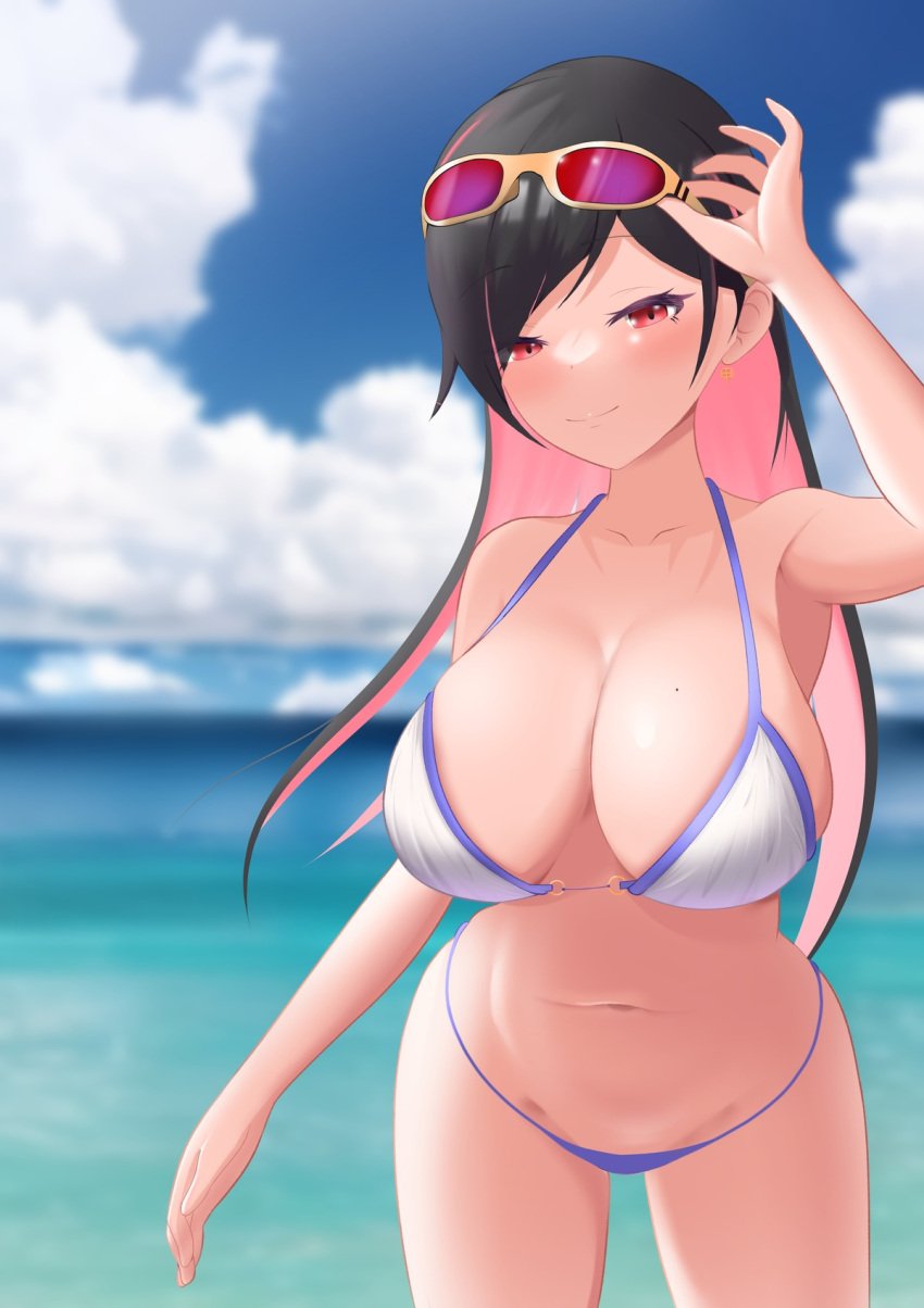 1girls absurd_res armpit big_breasts bikini black_hair blush blushing_at_viewer breasts cleavage female female_only half-closed_eyes hand_on_head large_breasts leaning_forward long_hair looking_at_viewer lurenjia navel one_arm_up original original_character pointy_chin red_eyes sea seaside seductive seductive_look sideboob smile smiling smiling_at_viewer standing straight_hair strap_gap sunglasses sunglasses_on_head