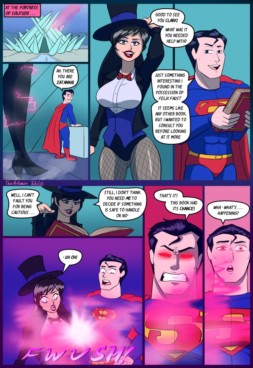 1boy 1girls black_hair blue_eyes clark_kent comic dc dc_comics dialogue english hat heat_vision kryptonian love_spell sorceress superman superman_(series) the-arthman top_hat watermark zatanna zatanna_zatara