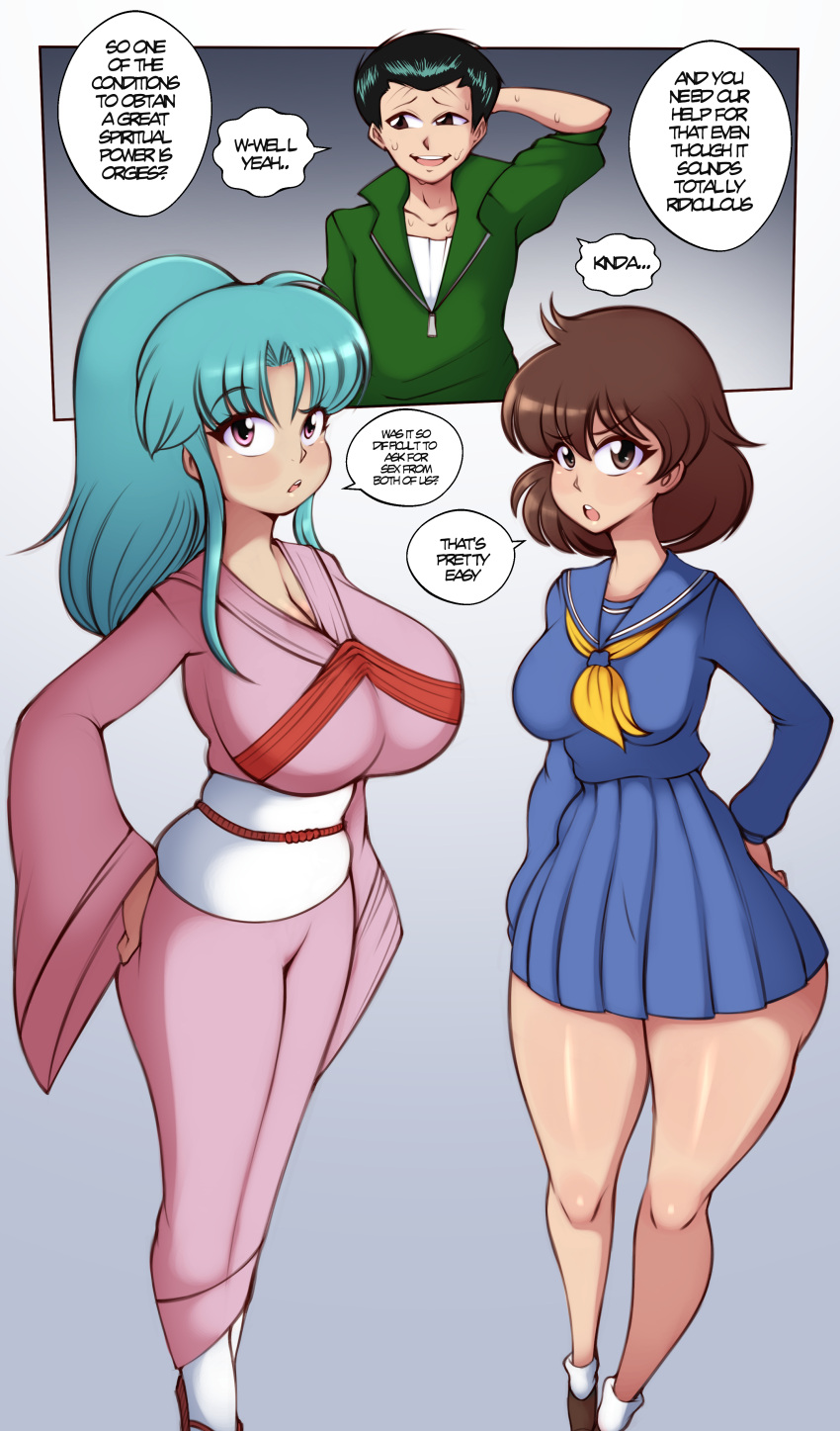 1boy 2girls alternate_breast_size big_ass big_breasts black_hair blue_hair botan breasts brown_hair busty comic_page commission curvy dialogue english_text female fully_clothed hanging_breasts hi_res hips huge_breasts human imminent_sex keiko_yukimura large_ass large_breasts light-skinned_female light-skinned_male light_skin long_hair male multiple_girls pale-skinned_female pale_skin saltyxodium school_uniform shinigami short_hair shounen_jump text thick_thighs thighs threesome voluptuous voluptuous_female wide_hips yu_yu_hakusho yusuke_urameshi