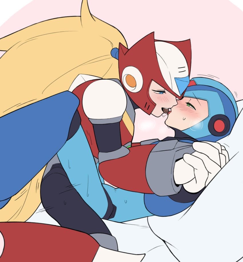 2boys android armor blonde_hair blue_eyes buzzsaw_(6631455) eye_contact french_kiss gay gem green_eyes hand_holding kissing mega_man mega_man_x mega_man_x_dive ponytail robot saliva tagme very_long_hair x_(mega_man) yaoi zero_(mega_man)