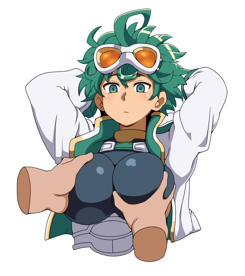 1girls arms_up big_breasts breast_grab breasts eyebrows_visible_through_hair glasses green_eyebrows green_eyes green_hair huge_breasts mantan simple_background solo_focus white_background