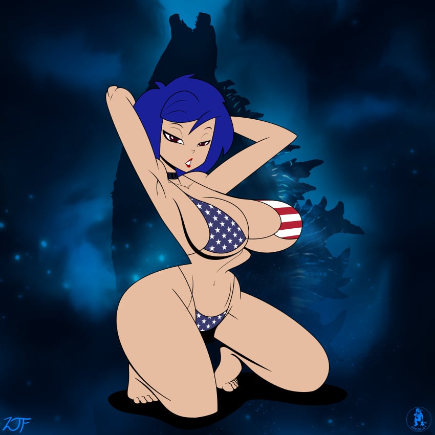 1girls american_flag_bikini asian ass barefoot big_ass big_breasts bikini blue_hair choker connie_matsu detailed_background dinosaur female female_only flag_bikini flag_print flag_print_swimsuit godzilla godzilla:_domination godzilla_(series) human kaiju monster monsterverse pinup purple_eyes red_lipstick rustysh4ckl3ford seductive seductive_look seductive_pose short_hair silhouette solo spines tail thick_ass thick_thighs toho underboob voluptuous