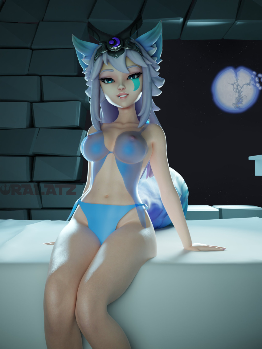 3d animal_ears areolae bed blender blender_cycles blue_eyes breasts circlet cute face_markings fang female female_only fox_ears fox_girl fox_tail io_(paladins) large_breasts light-skinned_female light_skin long_hair moon navel night paladins panties ralatzito see-through silver_hair sitting sitting_on_bed smile smiling solo tail wall