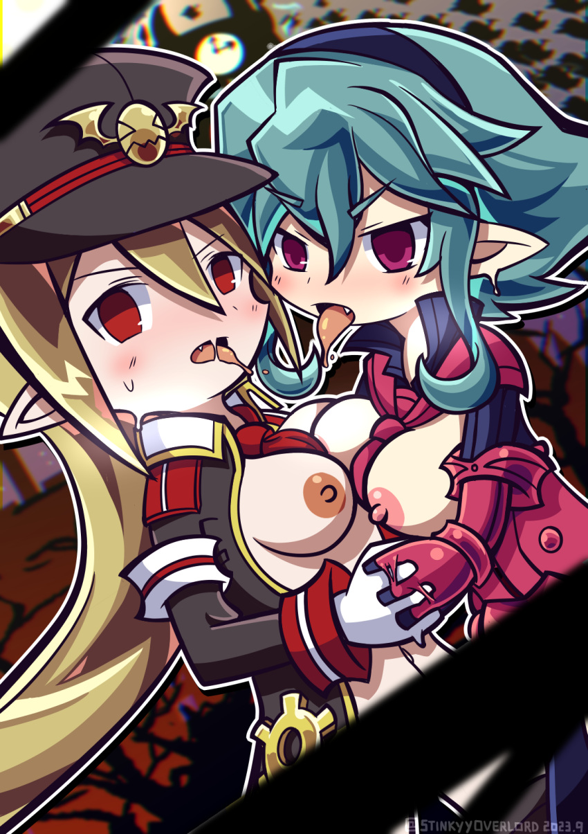 2girls armor armor_knight_(disgaea) barbara_(disgaea) big_breasts blonde_hair breasts disgaea disgaea_3 disgaea_d2 exposed_breasts large_breasts lesbian_kiss multiple_girls nippon_ichi_software open_clothes salvatore stinkyyoverlord yuri