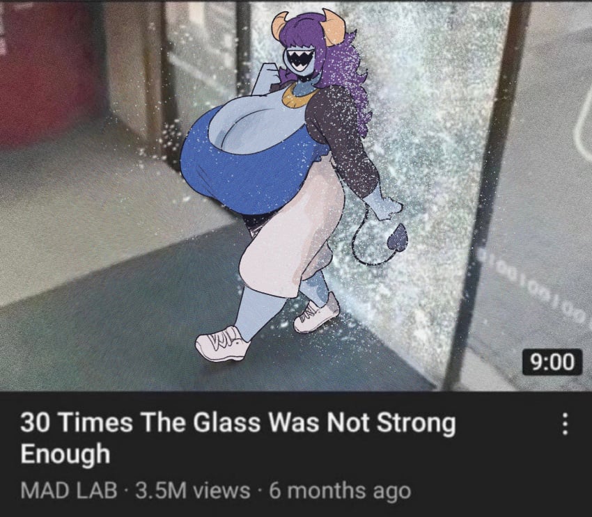 1girls bangs_over_eyes big_boobs big_breasts big_tits boobs breaking_glass breasts busty curvy_body curvy_hips curvy_milf curvy_thighs dandy_demons female funny glass glass_was_not_strong goofy_ahh horns huge_breasts huge_tits large_breasts long_hair massive_breasts mature_female meme milf mixed_media peculiart sharp_teeth smile smiling solo solo_female sue_(peculiart) tits voluptuous walking wide_hips youtube youtube_thumbnail