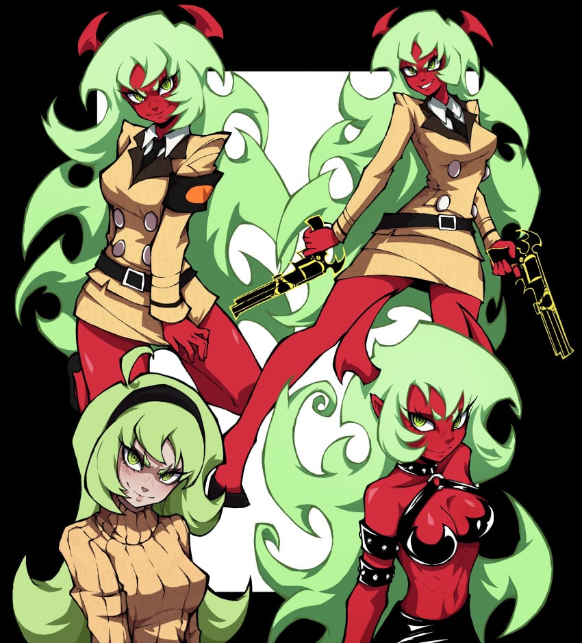 1girls breasts demon demon_girl green_eyes green_hair gun guns humanized kekel large_breasts panty_&_stocking_with_garterbelt red_skin scanty_daemon thick_thighs