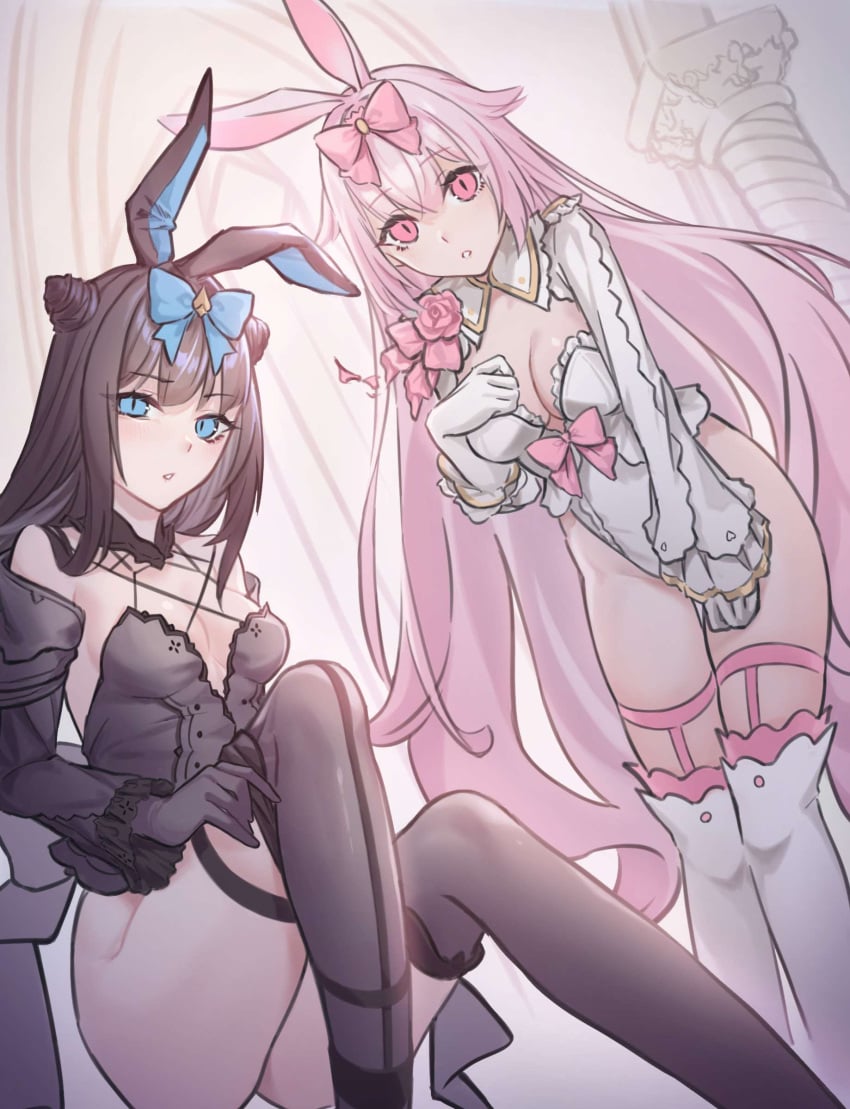 arcaea black_hair blue_eyes bow bow_tie bowtie breasts bunny_costume bunny_ears bunny_girl bunny_suit bunnysuit choker exposed_ass exposed_breasts exposed_shoulders exposed_torso gloves hikari_(arcaea) long_hair long_sleeves looking_at_viewer no_panties partially_clothed partially_clothed_female pink_eyes pink_hair rose_(flower) tairitsu_(arcaea) thick_thighs thigh_socks thighs white_skin