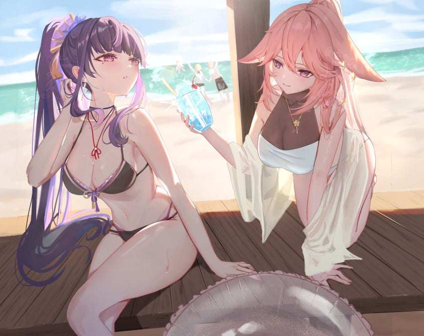 1boy 4girls absurdres aether_(genshin_impact) animal_ears bare_arms bare_shoulders beach bikini black_bikini breasts commentary_request cup drinking_glass feet_out_of_frame fox_ears genshin_impact highres holding holding_cup hoyoverse kneeling long_hair lumine_(genshin_impact) medium_breasts mihoyo multiple_girls navel ocean paimon_(genshin_impact) parted_lips pink_hair ponytail purple_eyes purple_hair raiden_shogun sazanami_(re_n_rentaro) smile stomach swimsuit thighs very_long_hair water yae_miko