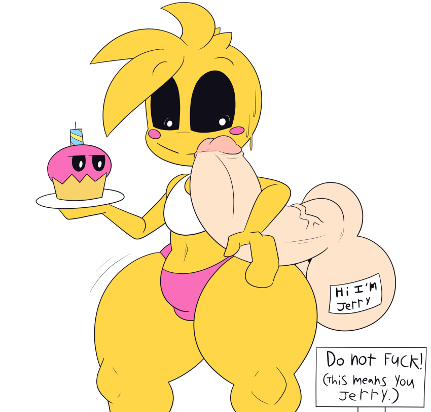 absurd_res animatronic anthro avian bib big_penis bird black_sclera bodily_fluids chicken clothing cupcake_(fnaf) disembodied_penis female five_nights_at_freddy's five_nights_at_freddy's_2 flat_chested galliform gallus_(genus) genitals head_feathers head_tuft hi_res huge_cock looking_at_genitalia looking_at_penis machine male mostly_nude navel panties penis phasianid pink_clothing pink_panties pink_underwear robot rosy_cheeks scottgames simple_background slightly_chubby smile sweat sweatdrop text thick_thighs toy_chica_(fnaf) tuft underwear white_background white_eyes wide_eyed wide_hips yellow_body yummercummer