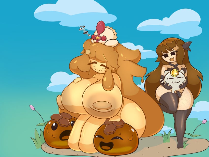 2girls areolae bird breasts chicken closed_eyes completely_nude completely_nude_female female female_only full_body honey_slime kneeling large_breasts long_hair lucky_slime multiple_girls naked naked_female nappery nipples nude nude_female original original_characters sleeping slime slime_rancher smile