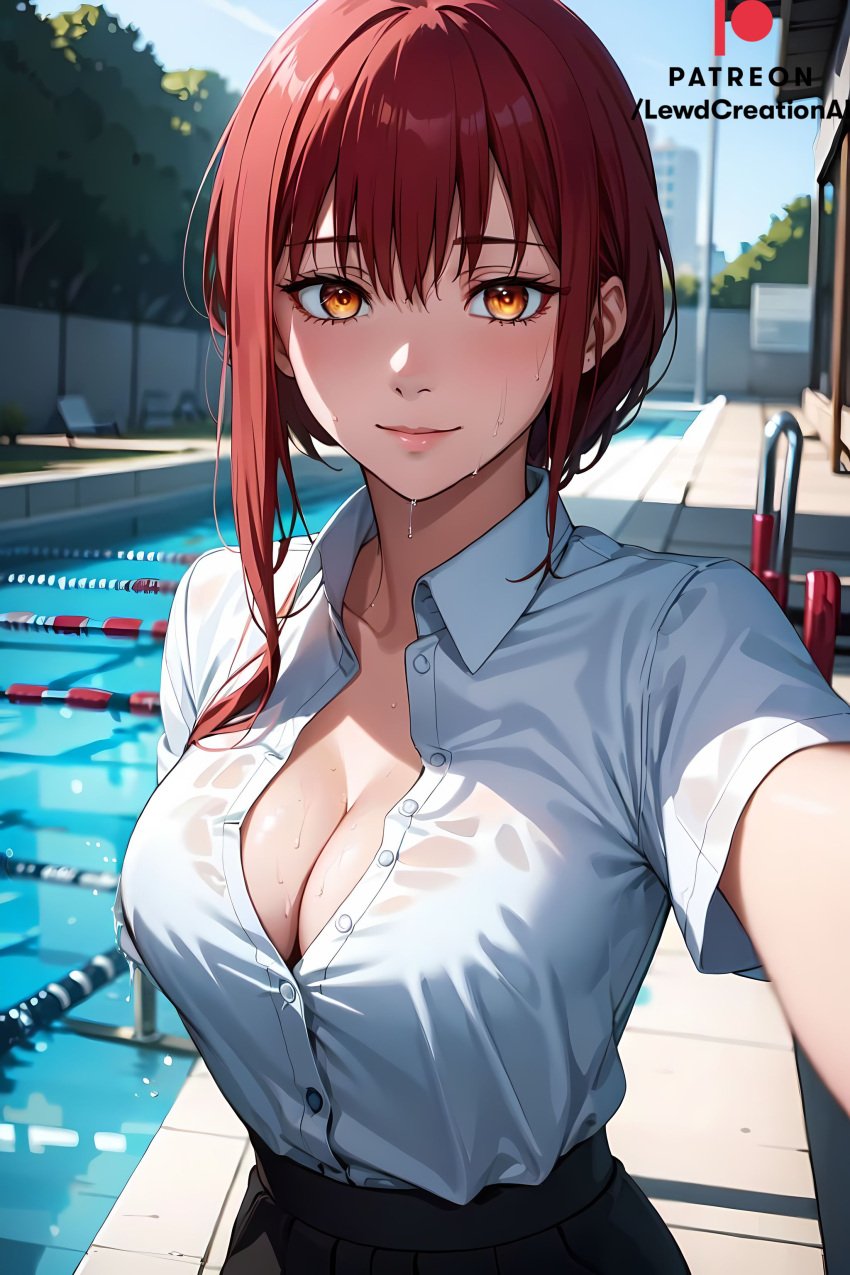 1girls ai_generated big_breasts blush blush_lines blushing_at_viewer chainsaw_man cleavage female glowing glowing_eyes huge_breasts lewdcreationsai looking_at_viewer makima_(chainsaw_man) miniskirt nipples office_lady outdoors pool red_hair selfie selfie_pose shirt smile soaked soaked_clothes unbuttoned unbuttoned_shirt water wet_clothes yellow_eyes