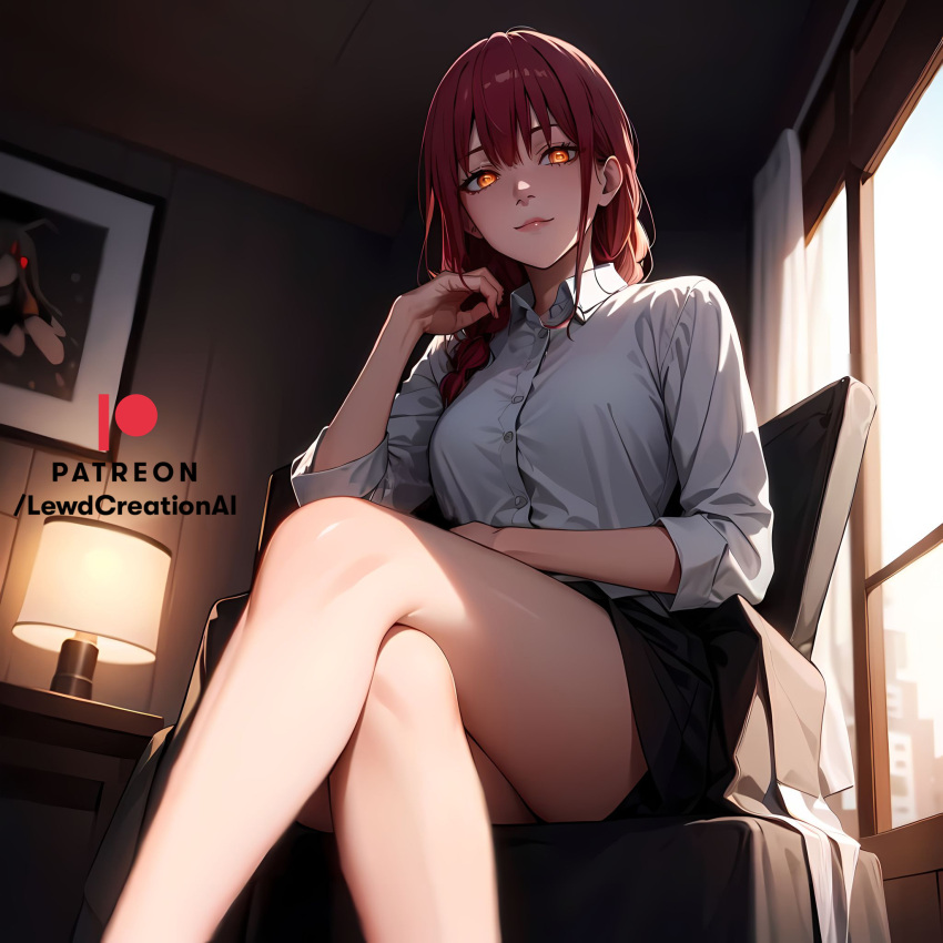 ai_generated big_breasts buttoned_shirt chainsaw_man crossed_legs dominant dominant_female domination from_below glowing glowing_eyes huge_breasts indoors lewdcreationsai looking_at_viewer looking_down makima_(chainsaw_man) nipples office office_lady red_hair shirt sitting sitting_on_chair skirt smile smirk thick_thighs thighs yellow_eyes