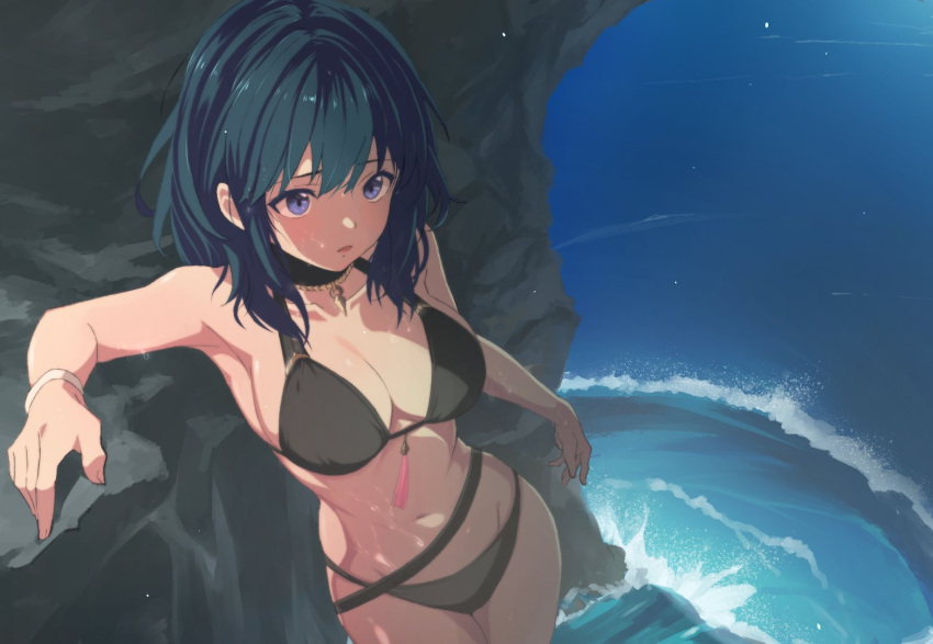 1girls ahonoko alternate_costume bare_arms bare_shoulders bikini black_bikini black_swimsuit blue_eyes blue_hair breasts byleth_(female)_(fire_emblem) byleth_(female)_(summer)_(fire_emblem) byleth_(fire_emblem) byleth_(fire_emblem)_(female) commentary_request cowboy_shot female female_only fire_emblem fire_emblem:_three_houses fire_emblem_heroes groin large_breasts navel nintendo official_alternate_costume parted_lips short_hair solo standing stomach swimsuit water