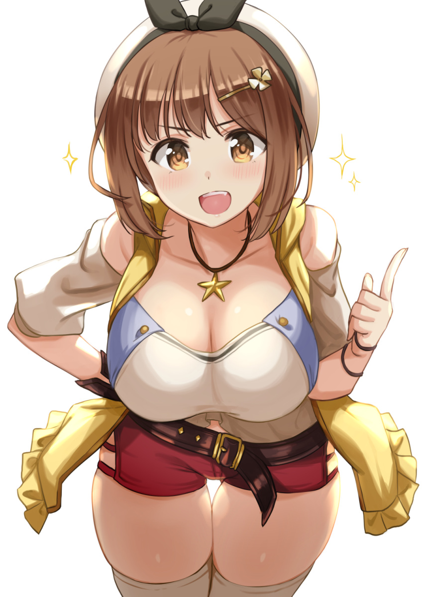 atelier_(series) atelier_ryza big_breasts breasts brown_eyes brown_hair busty cleavage clothing happy huge_breasts kibihimi large_breasts leaning_forward reisalin_stout smile thick_thighs wide_hips