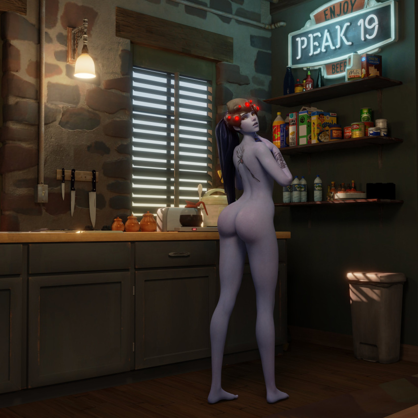 1girls 2023 3d 3d_(artwork) ass barefoot bedroom_eyes big_ass black_hair blue-skinned_female blue_skin completely_nude completely_nude_female covering covering_breasts embarrassed embarrassed_nude_female enf female female_only feorra3d full_body headgear heroine indoors kitchen long_hair looking_at_viewer looking_back naked naked_female nude nude_female overwatch overwatch_2 pawg realistic_proportions rear_view seductive solo solo_female standing tattoo video_game_character widowmaker