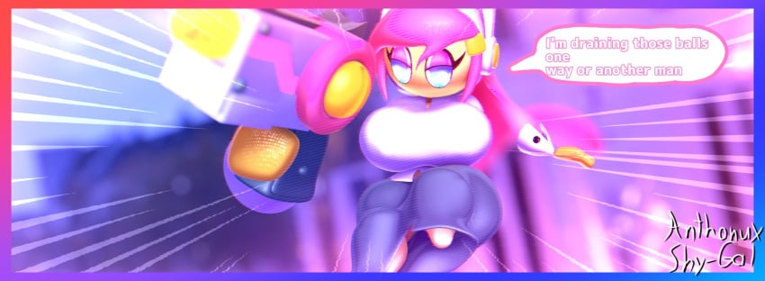 1girls alternate_version_available big_breasts blue_eyes breasts clothed clothed_female determined english_text female female_only gun half-closed_eyes helmet holding holding_gun kirby_(series) kirby_planet_robobot long_hair pink_hair shy_nsfw solo solo_female susanna_patrya_haltmann susie_(kirby) text weapon