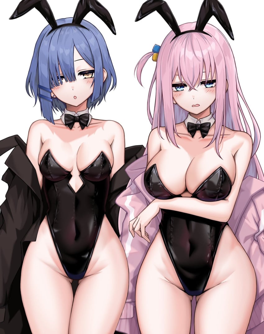 2girls :o anxious arms_under_breasts big_breasts black_jacket blue_eyes blue_hair blush blush_lines bocchi_the_rock! bowtie bunny_ears bunny_girl bunnysuit cleavage cowboy_shot detached_collar embarrassed fake_animal_ears female female_only gotou_hitori highleg horny huge_breasts huge_thighs jacket_off_shoulders kushinaka leotard medium_breasts multiple_girls nervous pink_hair pink_sweater thick_thighs wide_hips yamada_ryou