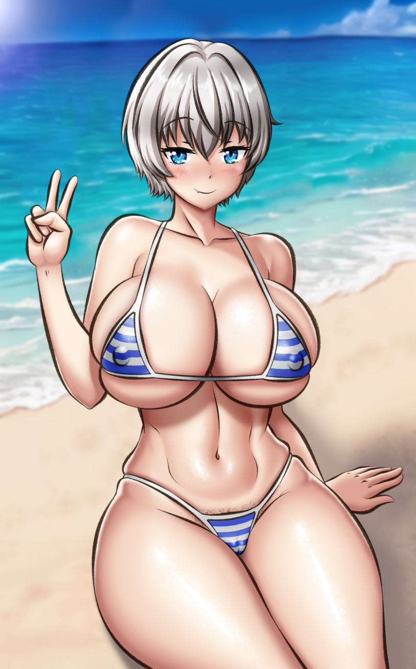 1girls beach big_breasts bikini blue_eyes blush curvaceous curvy fbi_ecchi female female_only gray_hair hi_res huge_breasts large_breasts looking_at_viewer peace_sign short_hair sitting smile smiling solo solo_female thick_thighs thighs uzaki-chan_wa_asobitai! uzaki_hana voluptuous water wide_hips