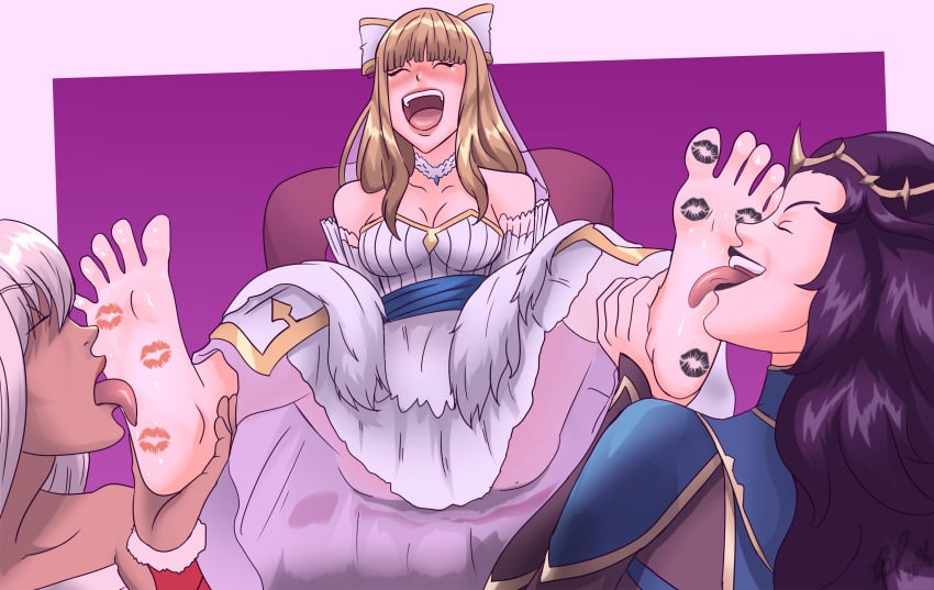 3girls bad_pierrot black_lipstick bride charlotte_(fire_emblem) clothed_female feet fire_emblem foot_fetish foot_focus foot_lick foot_worship kiss_mark kiss_mark_on_feet lezdom lipstick_mark multiple_girls nintendo nyx_(fire_emblem) rainbow_party rinkah_(fire_emblem) soles tickling tickling_feet