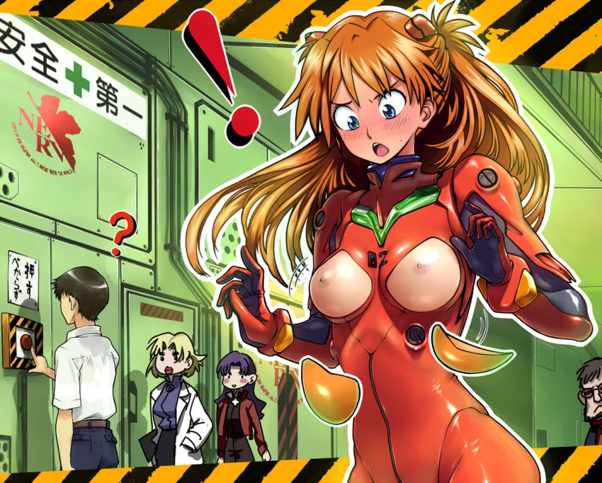 ! 2boys 3girls ? artist_request asuka_langley_sohryu blue_eyes blush blush_stickers bodysuit bouncing_breasts breastless_clothes breasts breasts_out curvy embarrassed exposed_breasts female female_focus gainax human interface_headset jacket lab_coat large_breasts light-skinned_female light_skin long_hair looking_at_breasts male medium_breasts misato_katsuragi multiple_boys multiple_girls neon_genesis_evangelion nerv nipples open_mouth orange_hair pilot_suit plugsuit red_button ritsuko_akagi shinji_ikari shiny_clothes shiny_skin short_hair tight_clothing translation_request two_side_up very_long_hair wardrobe_malfunction wide_hips