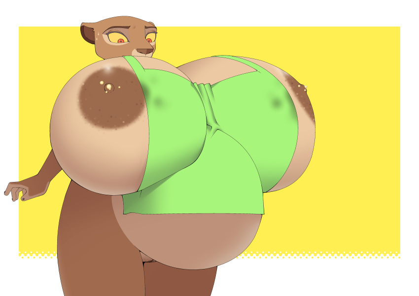 absurd_res apron apron_only areola big_breasts breasts brown_areola brown_body brown_fur brown_nipples clothing disney felid female fur genitals hi_res huge_breasts lion mammal milk nipples pantherine pr-egg-nant pregnant pregnant_female pussy sarabi solo the_lion_king