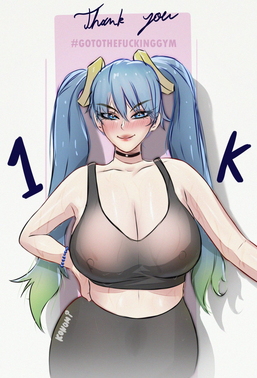 1girls alternate_costume artist_name blue_hair breasts busty choker clothed curvaceous curvy curvy_figure eyebrows_visible_through_hair female female_only follower_celebration green_hair gym gym_uniform hand_on_hip huge_breasts konomidraw large_breasts league_of_legends league_of_legends:_wild_rift light-skinned_female light_skin long_hair looking_at_viewer makeup milestone_celebration nipples nipples_visible_through_clothing riot_games see-through see-through_bra see-through_clothing see-through_top shiny_skin sketch sona_buvelle sports_bra sweat sweating twintails two_tone_hair very_long_hair wet workout_clothes yellow_hair