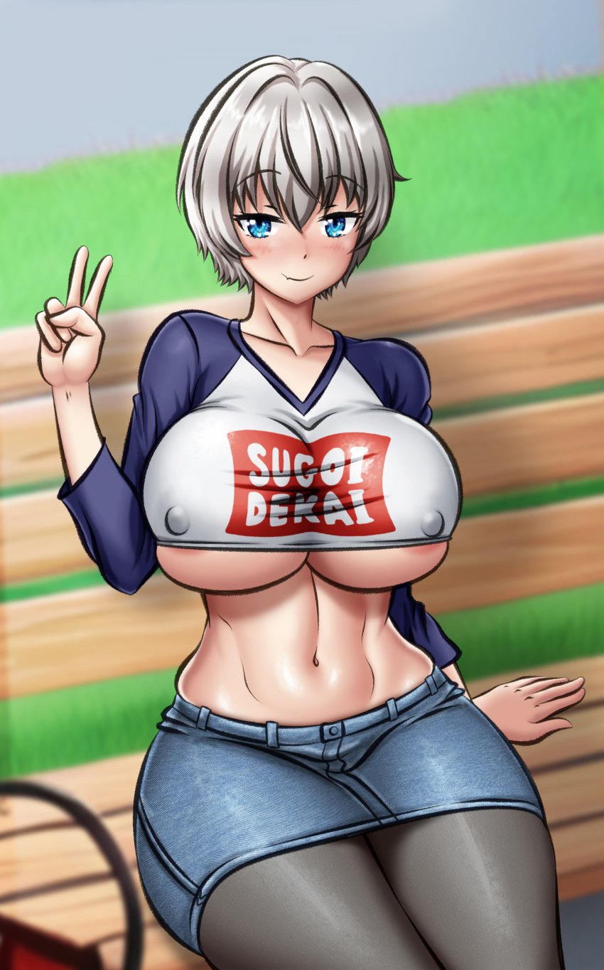 1girls bench big_breasts blue_eyes blush clothed clothing curvaceous curvy fbi_ecchi female female_only gray_hair hi_res huge_breasts large_breasts looking_at_viewer peace_sign short_hair sitting smile smiling solo solo_female thick_thighs thighs underboob uzaki-chan_wa_asobitai! uzaki_hana voluptuous wide_hips