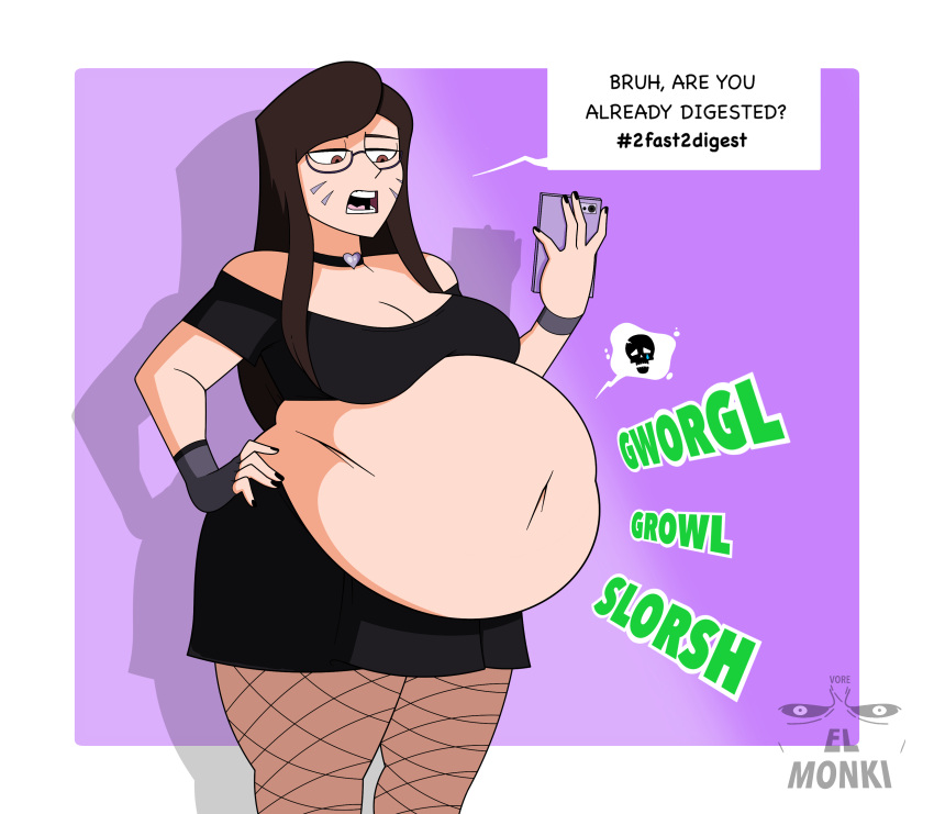 1girls belly belly_bulge big_belly big_belly_bulge big_breasts breasts brown_hair brown_hair_female brunette_hair collar d.va digestion digestion_noises elmonki fatal fatal_vore fishnet_legwear fishnets glasses goth hana_song light-skinned_female light_skin looking_at_phone oral_vore overwatch phone post_digestion post_vore punk punk_girl same_size_vore shoulder_length_hair soft_vore solo solo_female solo_focus video_game_character video_games vore vore_belly