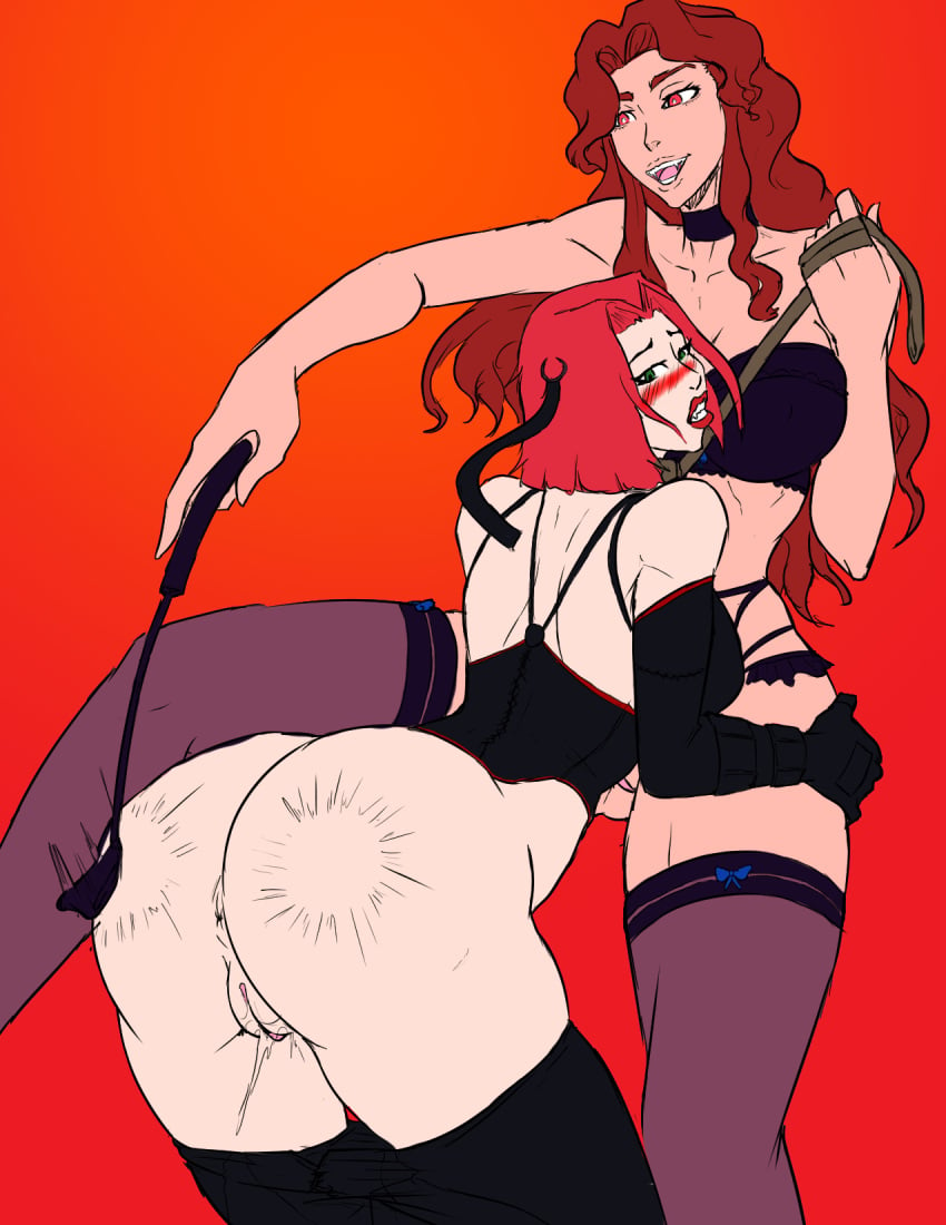 2021 bloodrayne blush blushing castlevania castlevania_(netflix) color commission crossover dat_ass dhampir female female_only ginger leash lenore_(castlevania) lingerie monochrome monster_girl nevan_nedall_(colorist) no_panties pale pale-skinned_female pale_skin pale_skinned_female pants_down rayne red_hair riding_crop sketch spanking thelionfish vampire whip yuri