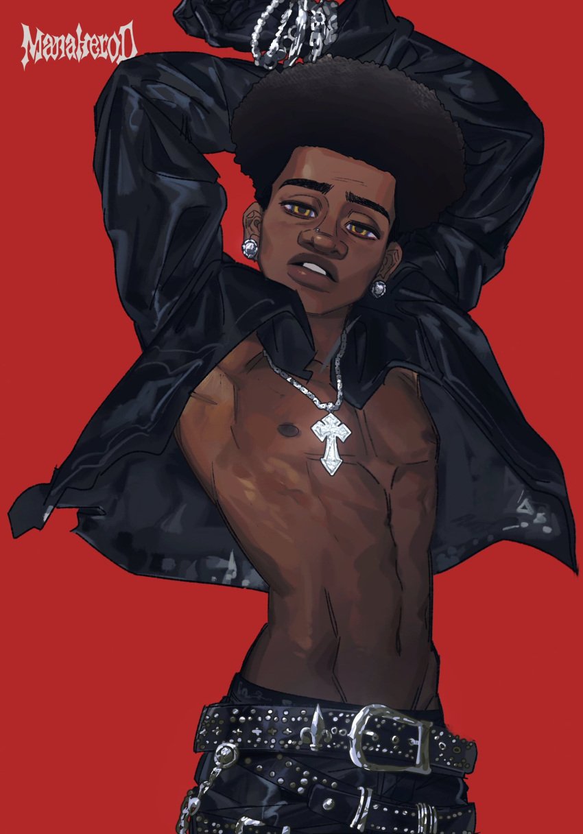 1boy armpit armpits dark-skinned_male dark_male_only dark_skin earrings goth human human_only looking_at_viewer male male_only manaherod marvel miles_morales miles_morales_(earth_42) necklace nipple piercings pose shirtless solo spider-man:_across_the_spider-verse spider-man_(series) thick_lips