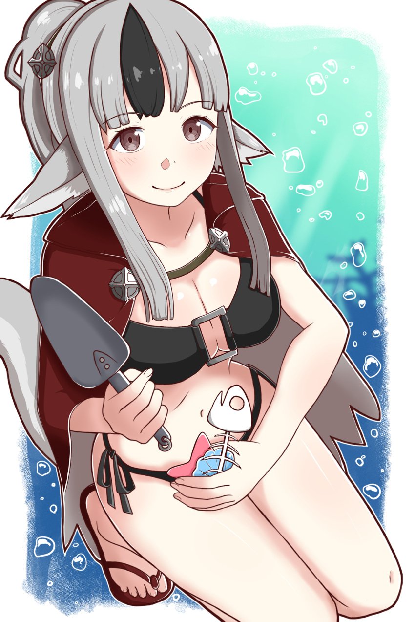 1girls alternate_costume alternate_hairstyle amagumo1023 animal_ears bikini black_bikini black_hair black_swimsuit breasts cape clam_shell cleavage female female female_only fire_emblem fire_emblem_fates fish_bone grey_hair highres looking_at_viewer medium_breasts multicolored_hair nintendo o-ring o-ring_bikini ponytail red_cape sandals shell side-tie_bikini_bottom smile solo squatting starfish streaked_hair swimsuit tail velouria_(fire_emblem) wolf_ears wolf_girl wolf_tail