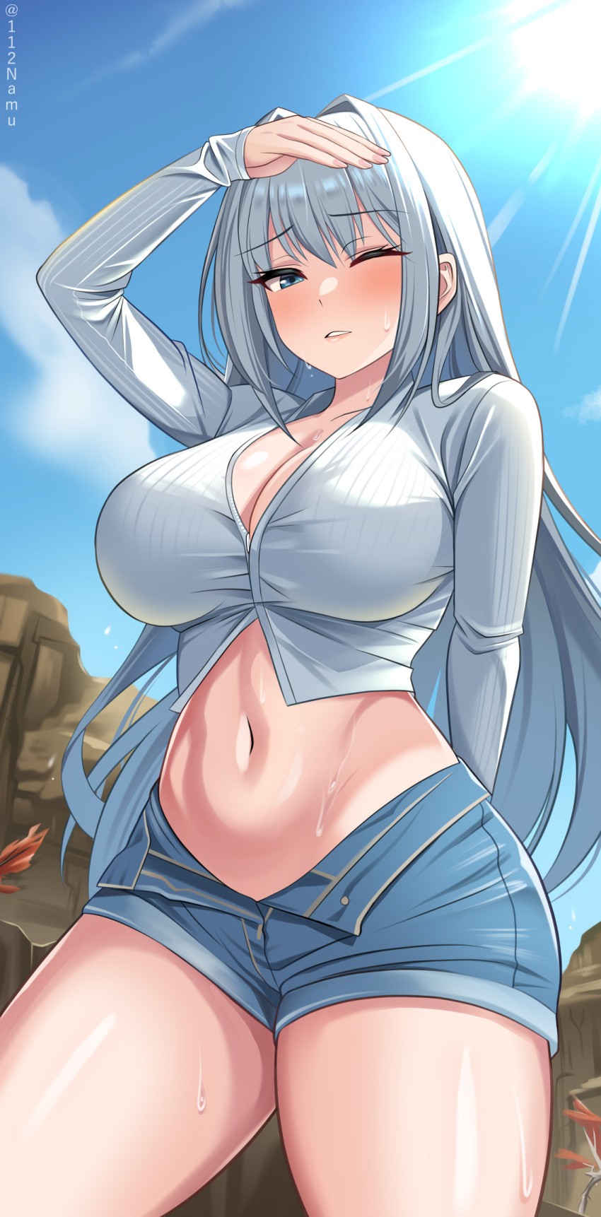 1girls abs absurd_res big_breasts blue_eyes breasts cleavage denim_shorts detailed_background ethel_(xenoblade) female female_only grey_shirt hand_on_head highres huge_breasts large_breasts long_hair long_sleeves midriff monolith_soft muscular muscular_female namu_(112namu) nintendo one_eye_closed shirt shirt_lift shorts silver_hair sunlight sweat sweatdrop sweating thick_thighs thighs very_long_hair wink xenoblade_(series) xenoblade_chronicles_3