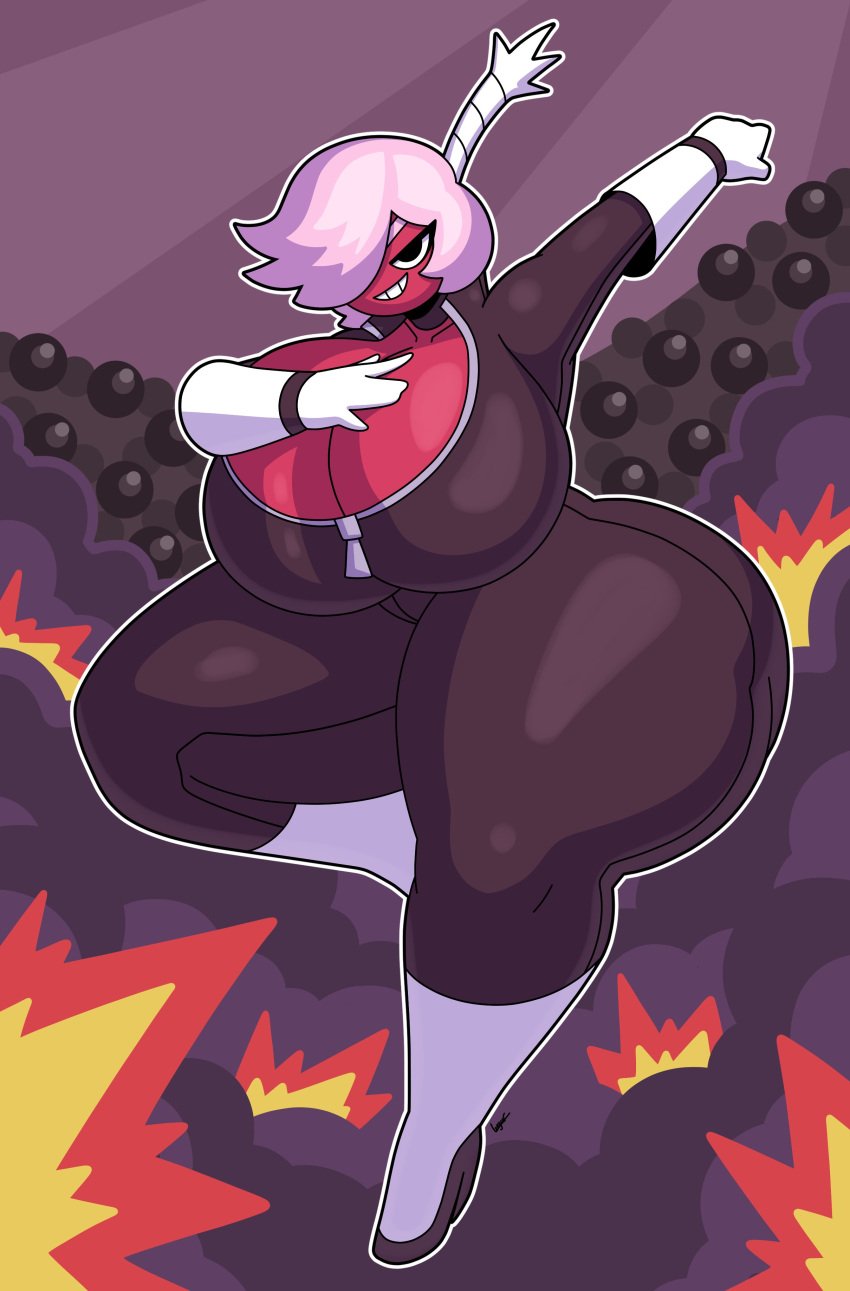 1girls 5_fingers background big_boobs big_breasts black_eyes bomb boobs breasts cheri_(dorahden) clothed dorahden female female_only fingers fire gloves hair_over_one_eye huge_breasts huge_thighs legs oc one_eye_obstructed original original_character pink_hair red_body red_skin short_hair smoke solo solo_female teeth thick_thighs thighs white_gloves wide_hips