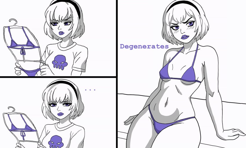 1girls bikini blush clothes_removed embarrassed embarrassed_underwear_female embarrassing_outfit female female_only girls_reacting_to_bikini_(meme) homestuck lipstick monochrome ms_paint_adventures purple_bikini purple_eyes reluctant rimlandicmilitarist rose_lalonde skimpy small_breasts solo t-shirt thick_thighs trying_on_clothes undressed white_shirt wide_hips