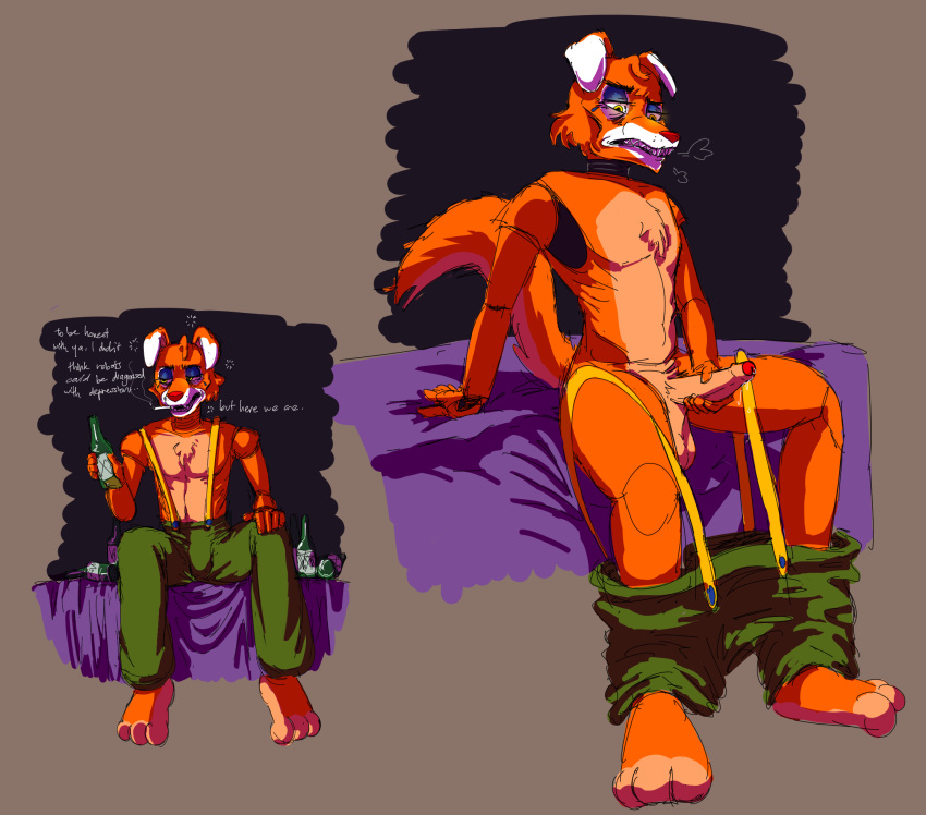 2023 alcohol animatronic anthro balls beverage bodily_fluids bottomwear bottomwear_down canid canine cigarette cigarette_in_mouth circus_foxy circus_foxy_(fnaf) clothed clothing clown clown_makeup dialogue digital_media_(artwork) drunk english_text erection feet fingers five_nights_at_freddy's five_nights_at_freddy's:_security_breach fox foxy_(fnaf) fur genital_fluids genitals hi_res humanoid_genitalia humanoid_penis machine makeup male male_only mammal masturbation object_in_mouth overalls pants pants_down partially_clothed penile penile_masturbation penis robot scottgames simple_background smoking solo steel_wool_studios substance_intoxication tail teeth text topless topless_male zipnothing