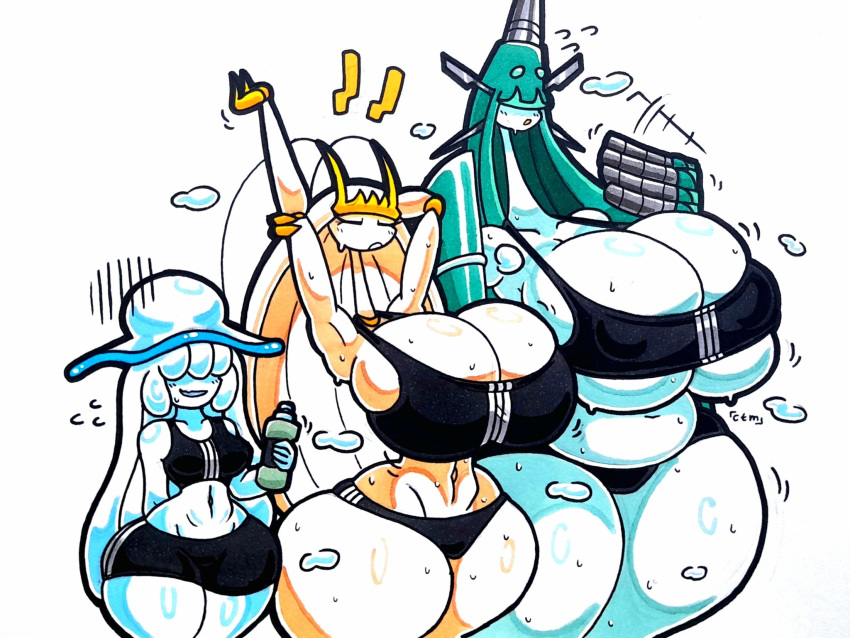 3girls alien belly breast_envy breast_size_difference bug_girl celesteela gym_clothes huge_breasts large_breasts long_neck medium_support_(meme) meme mr.ctm nihilego pear_shaped pheromosa plump plump_breasts pokemon pokemon_(species) pokemon_only pokemon_sm short_shorts shorts sports_bra sweat sweatdrop sweating thick_thighs thighs ultra_beast venus_body voluptuous workout workout_clothes