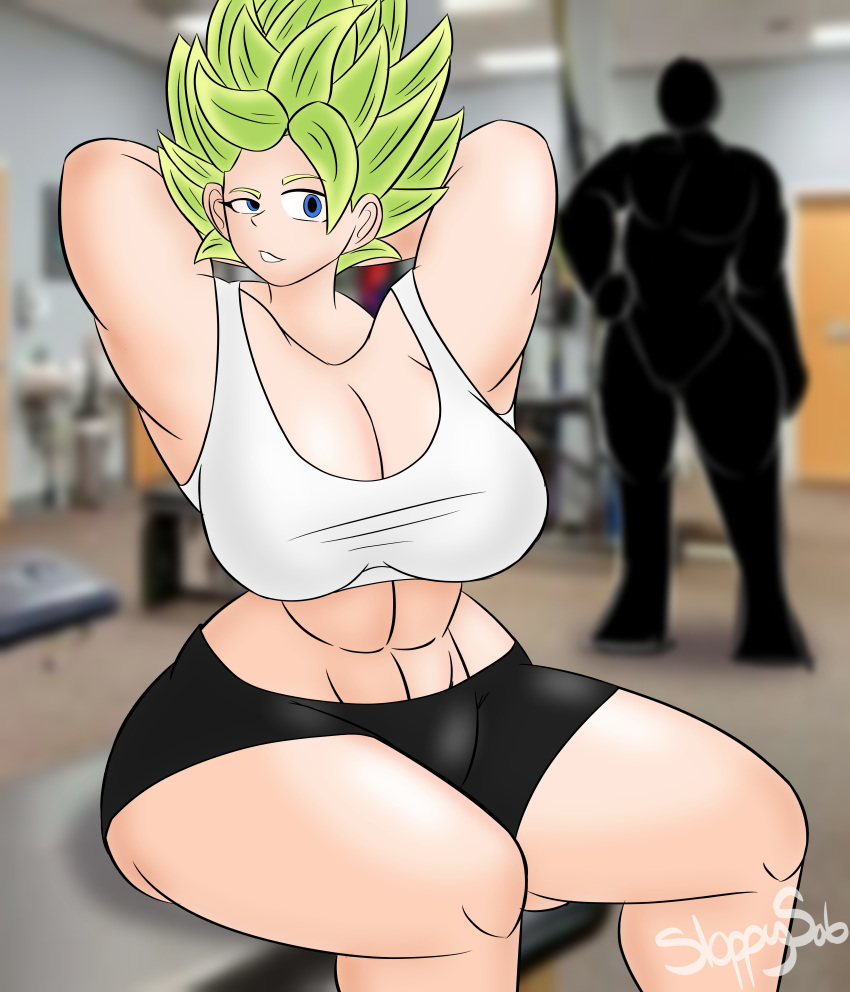 1girls big_breasts dragon_ball_super female gym gym_clothes gym_shorts kale sitting sitting_down sloppy_sab solo_focus stretching super_saiyan tagme thick_thighs toned toned_body toned_female