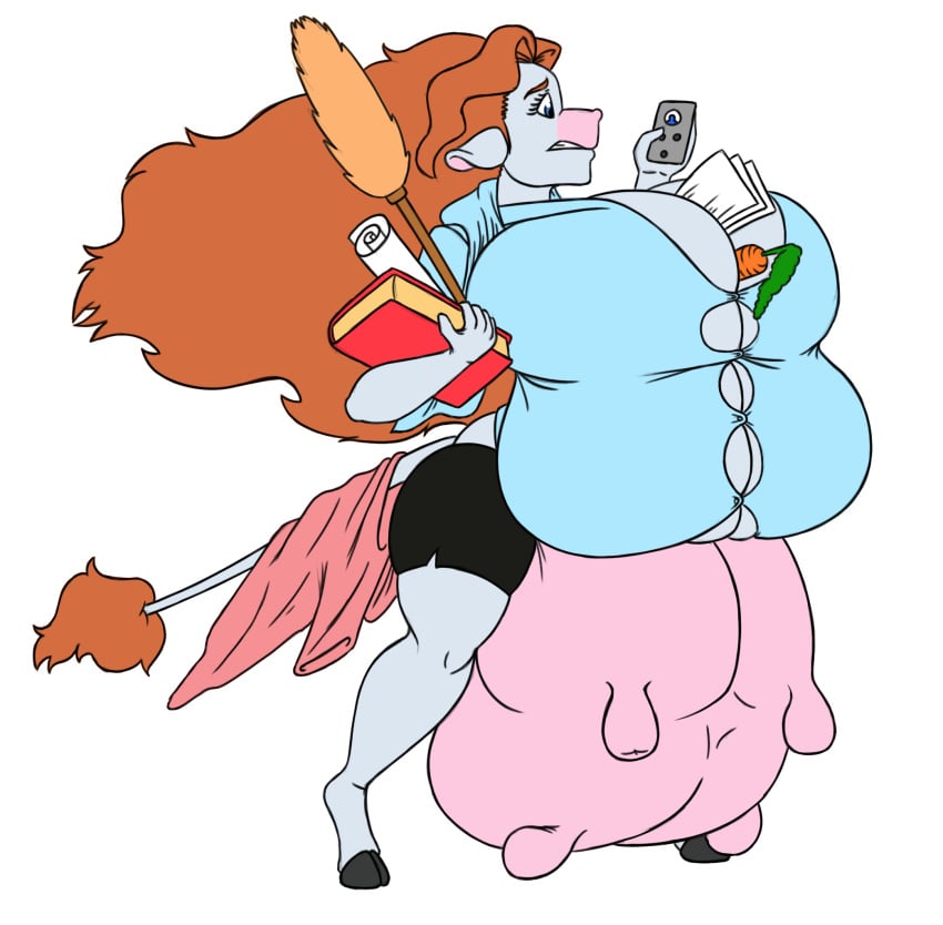 1girls anthro ass blue_eyes bovid bovid_humanoid bovine breasts carrot cleavage elek-tronikz female female_focus female_only furry hyper hyper_breasts large_breasts large_udders moo_(thesoylentorange) multi_breast orange_hair paper phone run running skirt thesoylentorange udders wardrobe_malfunction